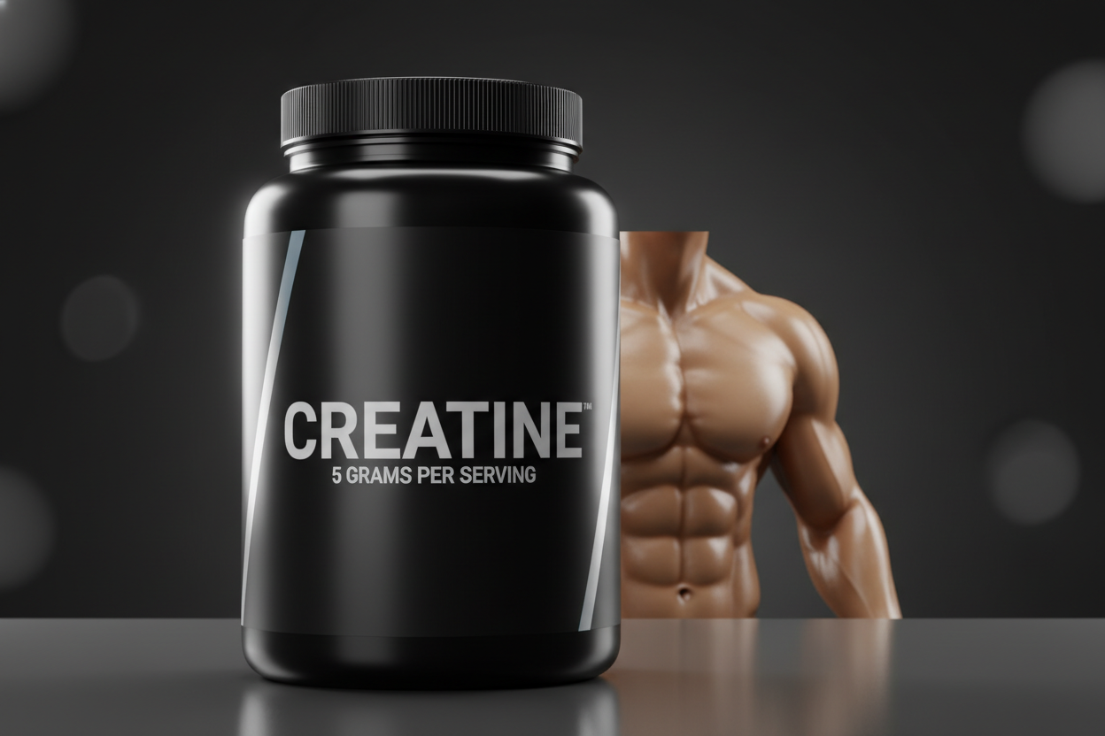 Create a 3D graphic of Creatine 5 grams per serving in a black container with lighting and pectorals